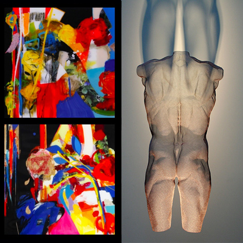 Two colorful abstract paintings and a figurative mesh sculpture of a muscular torso