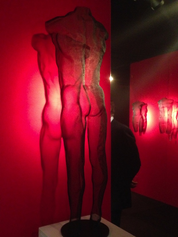 nude male figure made of wire-mesh at art exhibition