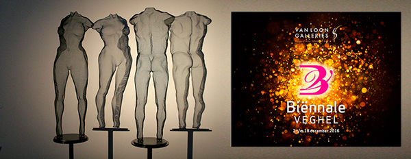 Wire-mesh body artwork and Biennale Logo