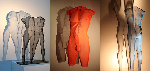 three sculptures in wire-mesh by sculptor David Begbie