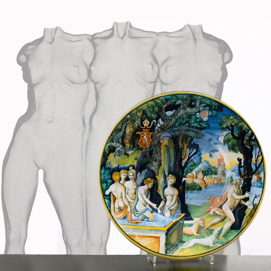 sculpture of three nude girls and raccanello leprince ceramic plate