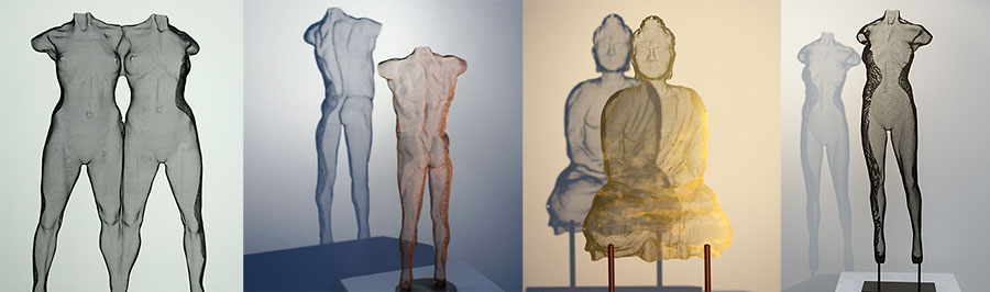 4 examples of wire-mesh sculpture by David Begbie