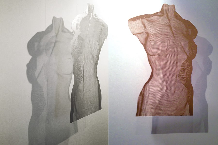 Two female torso sculptures in steel suspended and lit to project a semi-transparent shadow