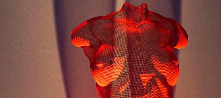 red torso of a girl in transparent mesh