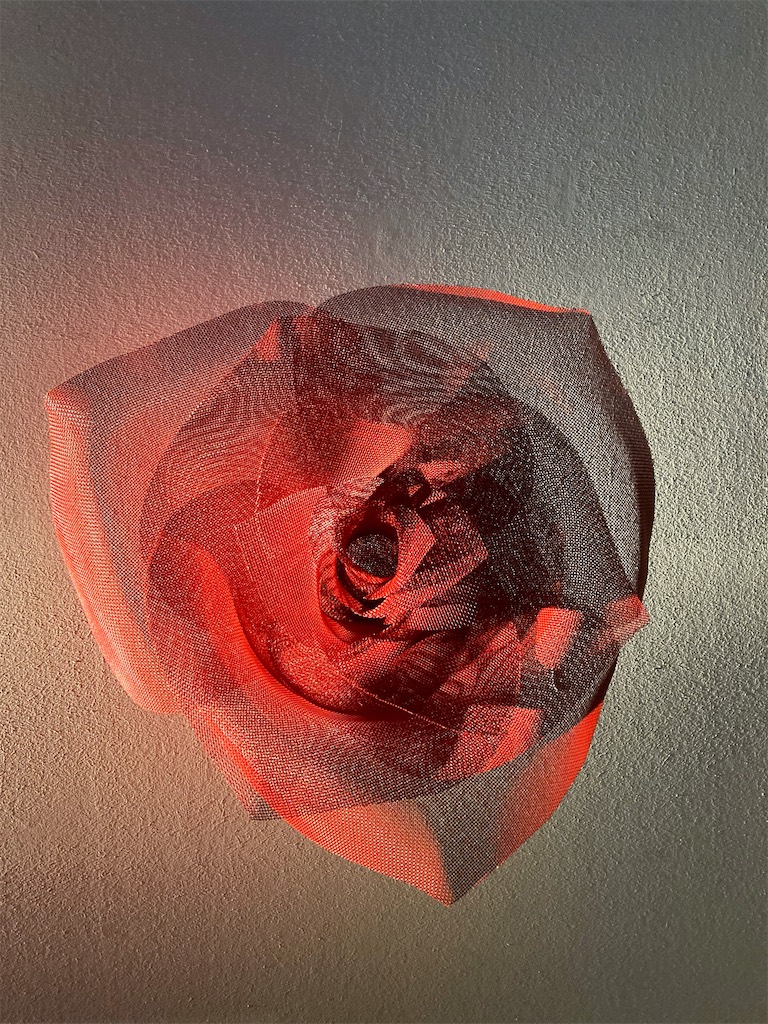 A sculpture of a red rose made from wired mesh