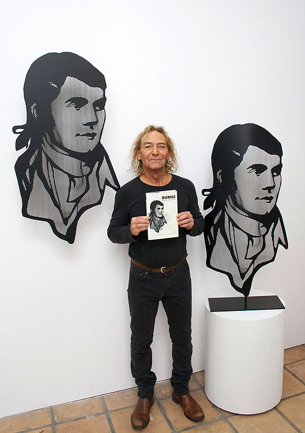 Robert Burns portrait stainless steel with artist David Begbie