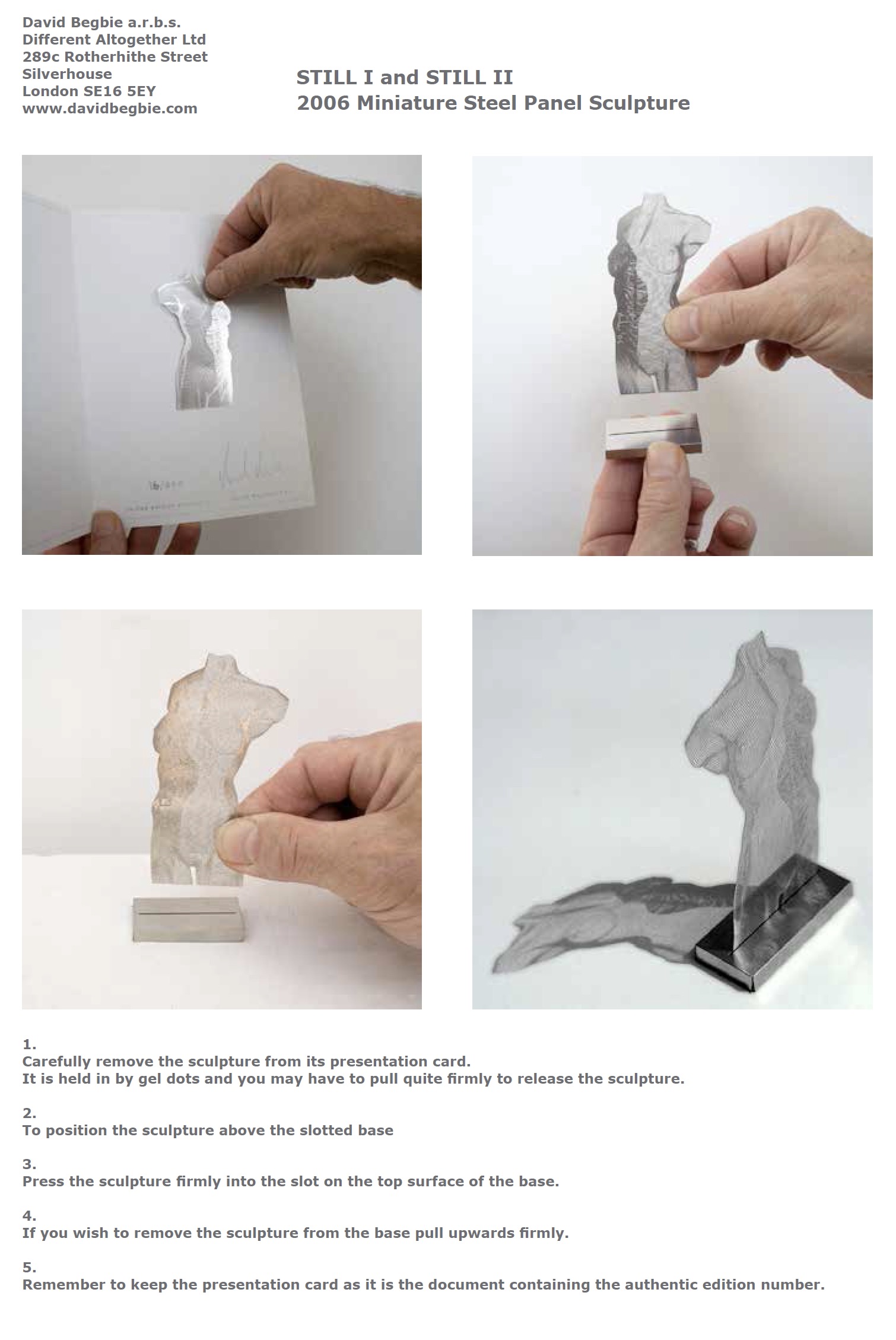 David Begbie sculpture miniature steel panel STILL instructions