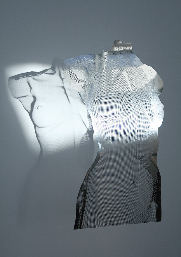 NUUD sculpture mirrored steel half transparent web
