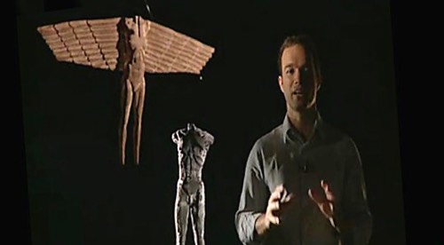 Bronze angel sculpture in TV introduction David Begbie modern wire sculptures